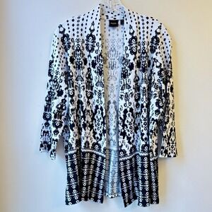 Rafaella Cotton Open Front Cardigan 1X Black White Ikat Office Academia Casual